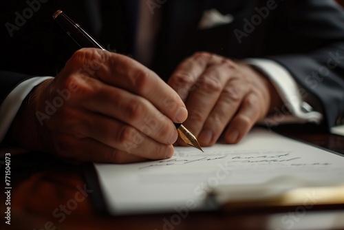 Businessman signs the letter with a beautiful pen. photo
