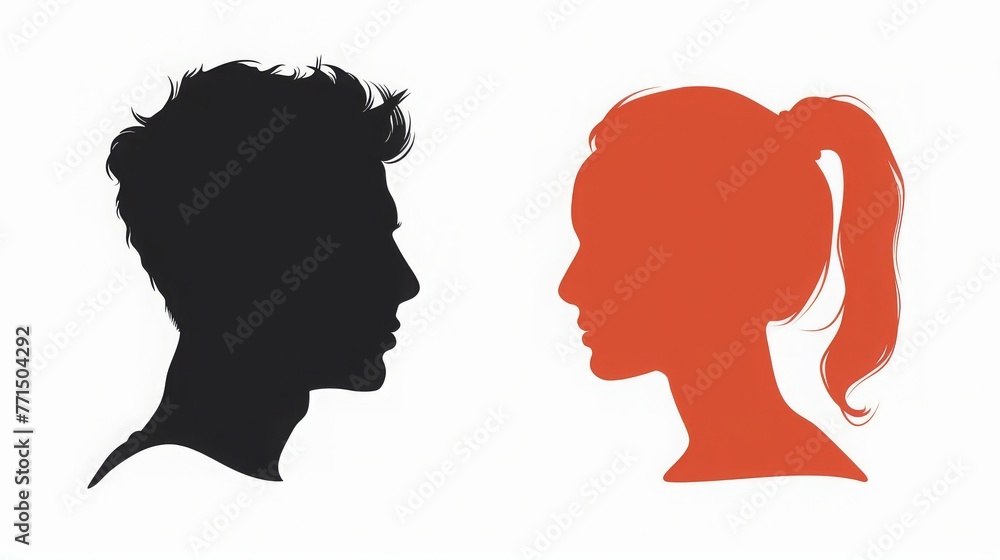 man and woman head opposite each other, solid color silhouette, white background, copy and text space, 16:9