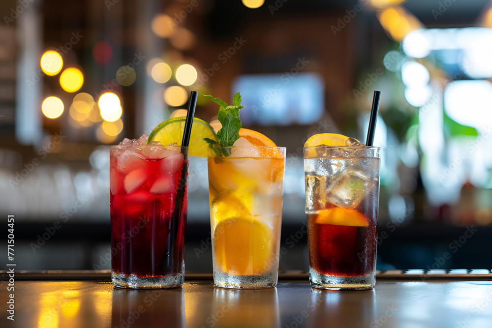 Set of various fresh cool alcoholic drink cocktails on bar counter in night club. Lights bokeh. Cherry mojito, tequila sunrise for menu. AI Generative.. Set of various fresh cool alcoholic drink cocktails on bar counter in night club. Lights bokeh. Cherry mojito, tequila sunrise for menu. AI Generative..