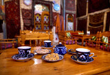 Traditional Uzbek tea with sweets in coffee house at Bukhara