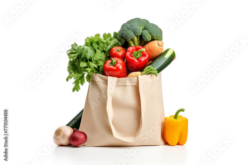 Paper eco bag with vegetables and fruits on white background. Grocery tote bag. Vegetarianism, Healthy food, Raw food concept. AI Generative