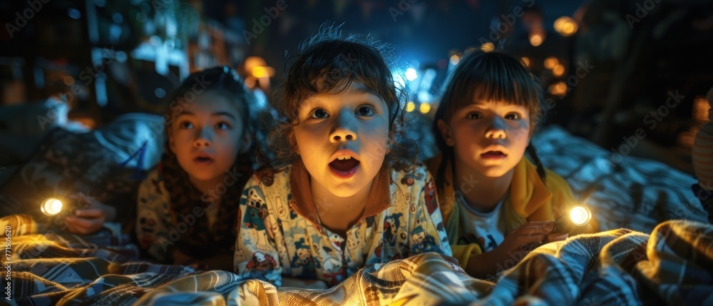 Three children are watching a movie on a bed with lit candles