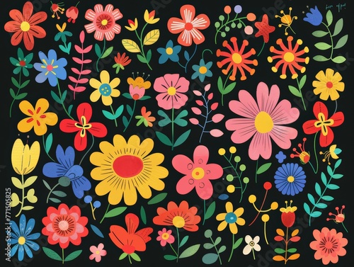 Colorful flowers painted against a black background, showcasing their beauty and vibrancy