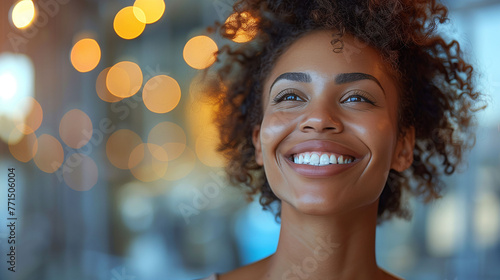 Portrait of a joyful young woman with curly hair, bokeh lights in the background, depicting happiness and positivity.