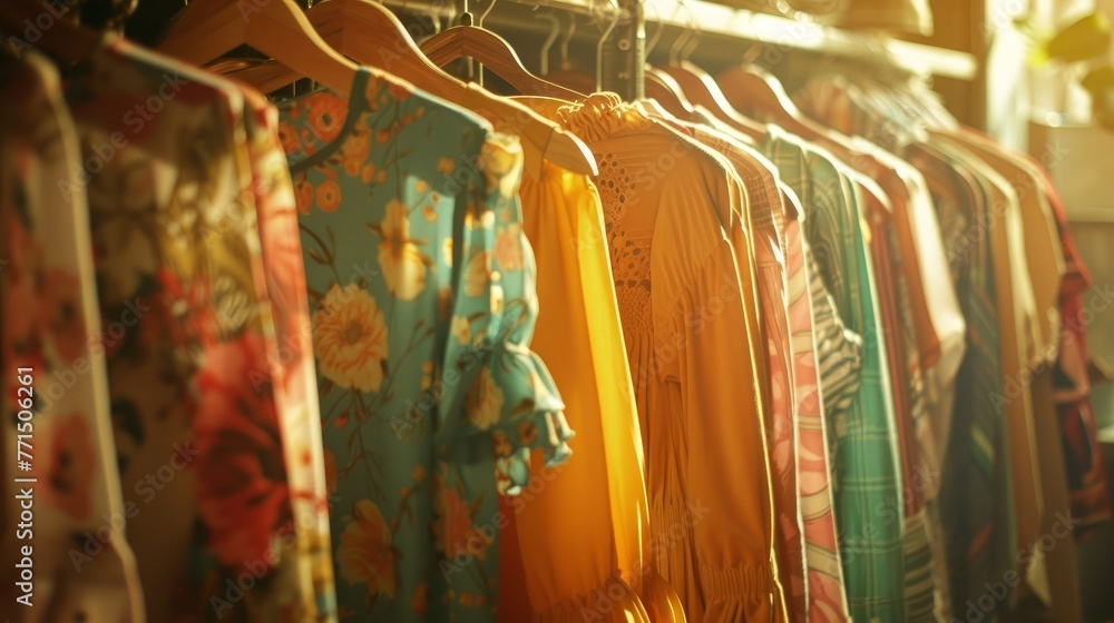 Clothes hang on a shelf in a designer clothes store, sunlight - obrazy, fototapety, plakaty 