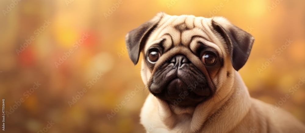 A Pug, a small dog breed in the Sporting Group, with a fawn coat and adorable wrinkles, is gazing at the camera with its cute snout and whiskers, set against a blurry background