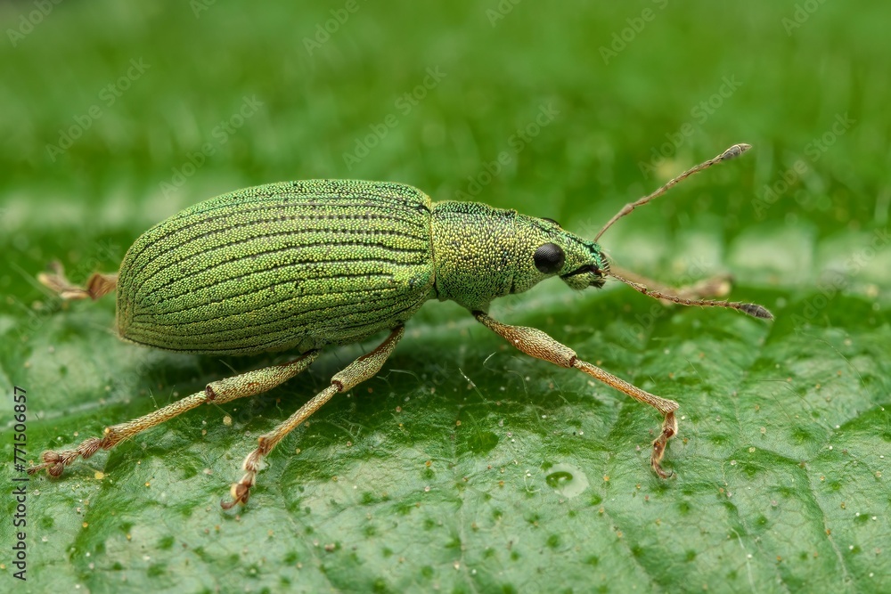 Close-up shot of a Green Nettle Weevil insect perched on a leafy plant in its natural habitat Close-up shot of a Green Nettle Weevil insect perched on a leafy plant in its natural habitat