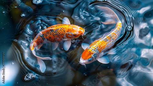 Close up of two colorful orange koi fish swimming together in the crystal clear pond photo