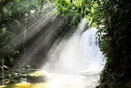 Waterfall cascading down a jungle hillside, illuminated by a bright, sunlit haze, Puerto Rico