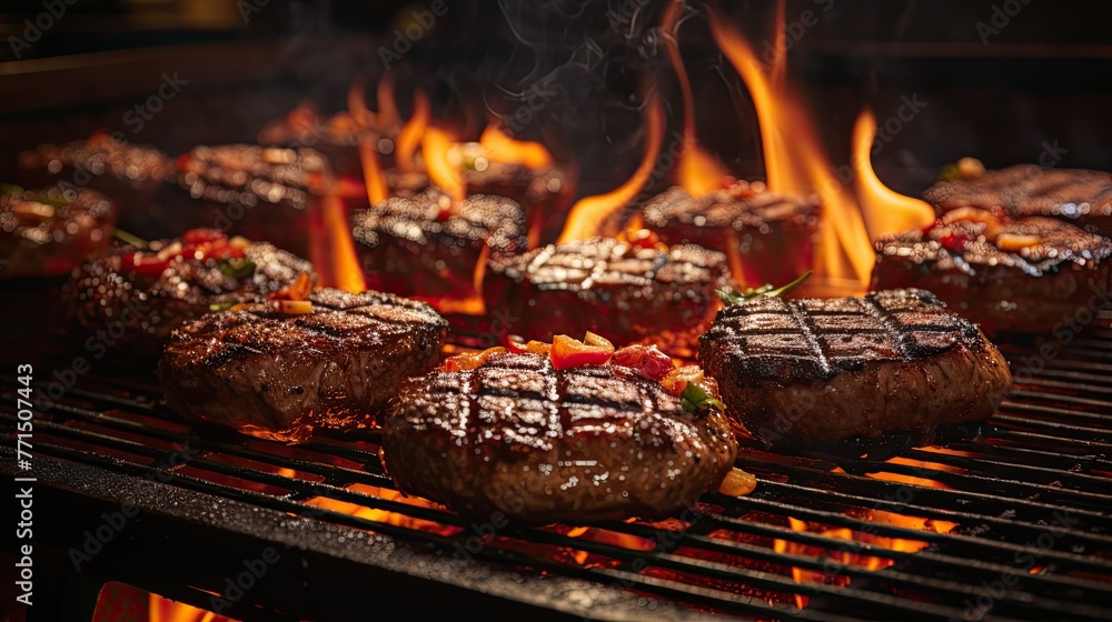 Appetizing beef or pork meat barbecue burgers sizzling on a grill with fiery flames in background. Appetizing beef or pork meat barbecue burgers sizzling on a grill with fiery flames in background.