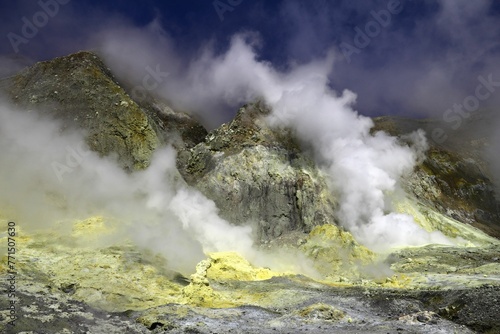 Acid sulfur steam on White Island, New Zealand.