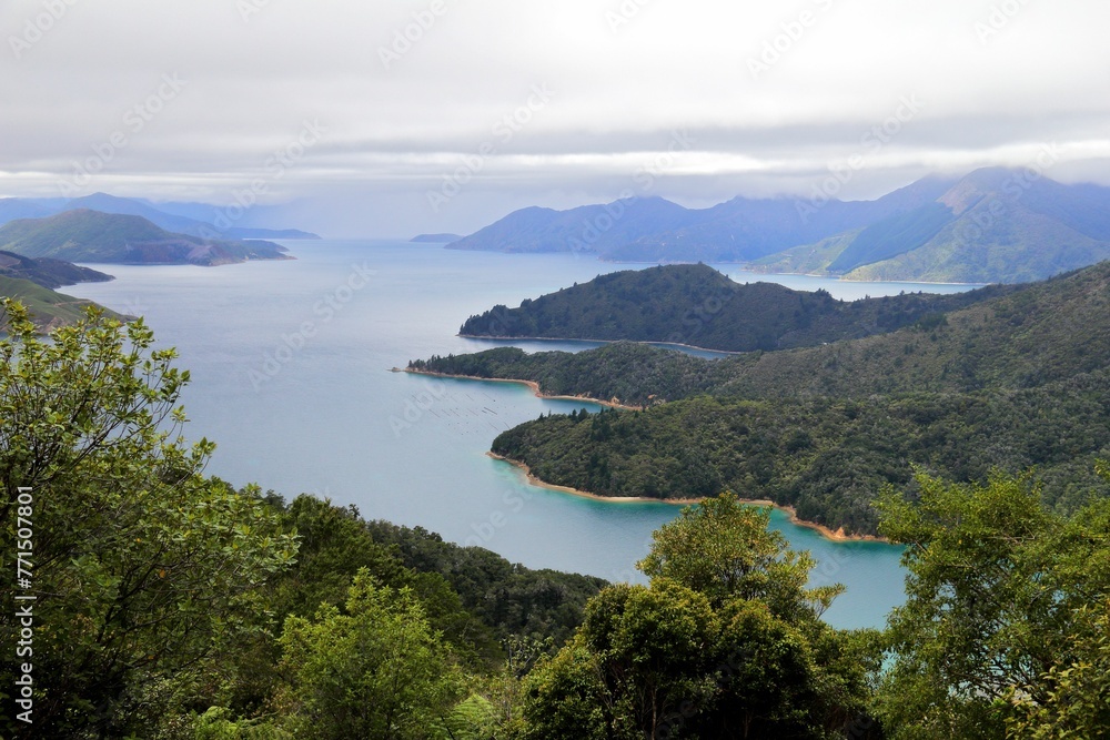 Scenic view of the winding waterways of the Marlborough Sounds. New Zealand.