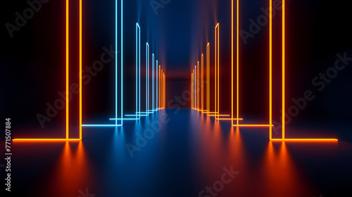 Modern empty abstract interior illuminated by vertical stick blue and orange neon lights
