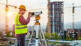A construction surveyor uses a theodolite to take measurements at a construction site.
