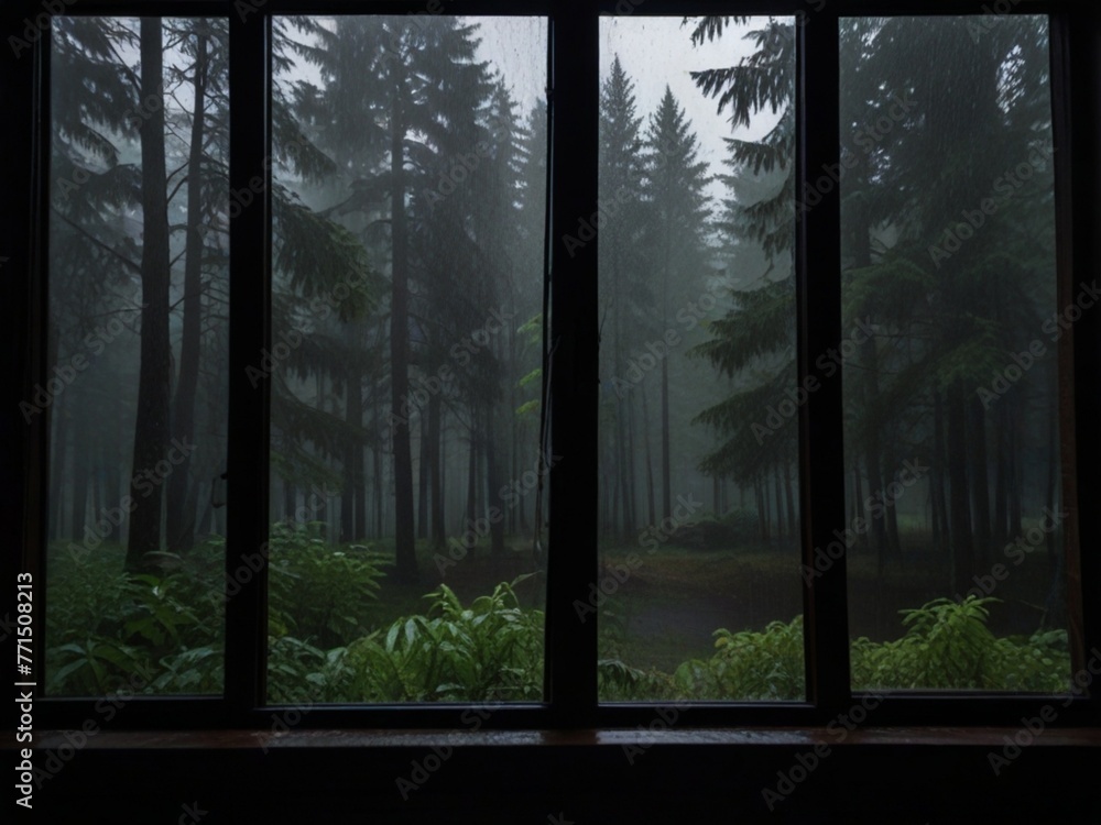 Heavy raining in the forest a little dark outside view from the inside of the open window of wooden house Heavy raining in the forest a little dark outside view from the inside of the open window of wooden house
