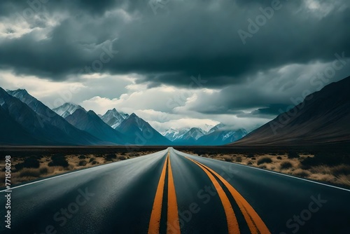 Traveling on a deserted road and observing the distant mountains and overcast sky from the windshield of a front-wheel drive vehicle