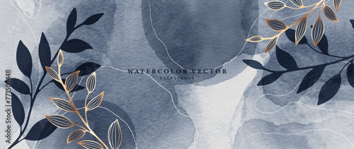 Watercolor botanical background in blue tones with branches and leaves. Watercolor design for covers, posters, banners.