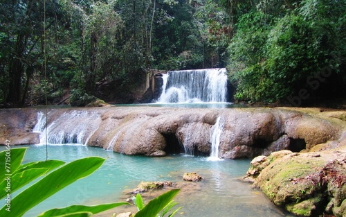 Scenic landscape with tranquil waterfalls and lush greenery. YS Falls  Jamaica.