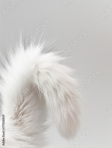 Detailed macro shot showcasing the textures of a fluffy white cat's tail, with a focus on individual hair strands against a plain background