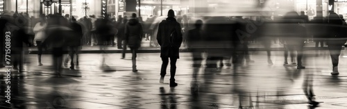 A solitary person stands still as the hustle and bustle of city life moves around them in a blur, creating a contrast between motion and stillness photo