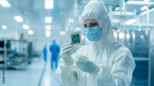 A design engineer in a cleanroom manufacturing facility examines a microchip wearing gloves and a sterile coverall.