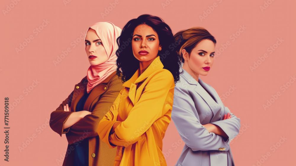 Three diverse women exude confidence and unity with a bold stance and crossed arms on a solid pink backdrop Three diverse women exude confidence and unity with a bold stance and crossed arms on a solid pink backdrop