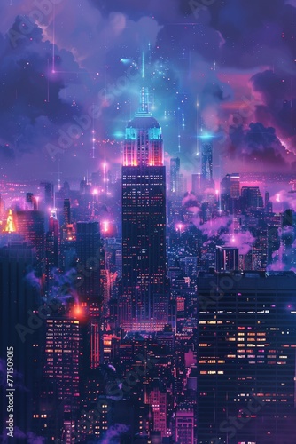 A city skyline illuminated by the neon lights of fintech innovation