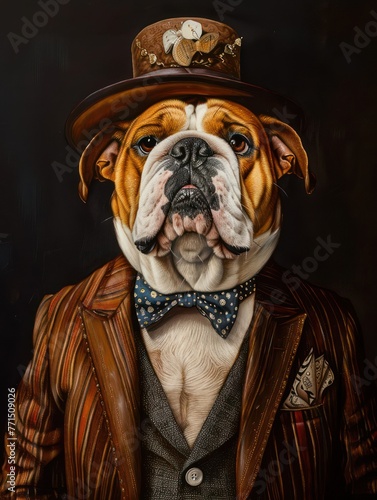 A sophisticated English Bulldog dressed in a vintage suit and top hat, exuding elegance and an aristocratic demeanor, with a focus on its expressive face photo