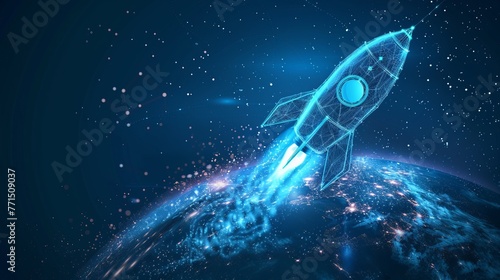 A digital rocket orbits Earth in space. Abstract blue background and 3D-effect wireframe illustration. #771509037
