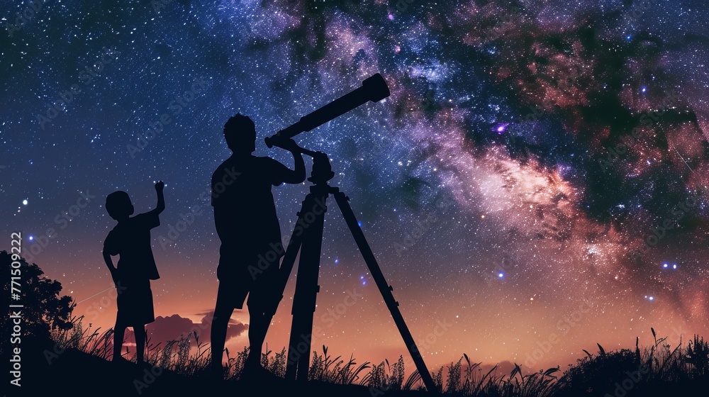 A father and son use a telescope to gaze at the starry sky during a family camping trip. They enjoy the outdoor hobby of astronomy, exploring the wonders of the universe together.