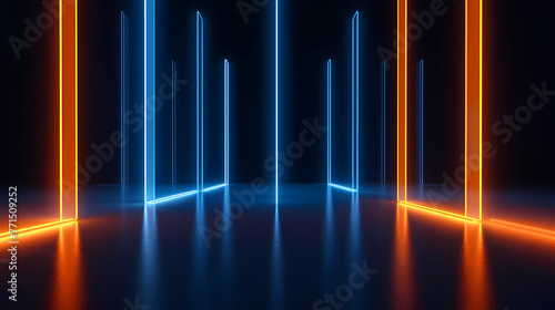 Modern empty abstract interior illuminated by vertical stick blue and orange neon lights