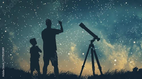 A father and son use a telescope to gaze at the starry sky during a family camping trip. They enjoy the outdoor hobby of astronomy, exploring the wonders of the universe together.