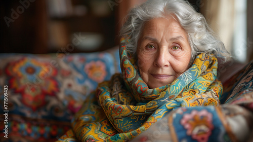 Elderly woman with gray hair wrapped in a colorful shawl, sitting on a couch with a patterned throw, looking serene and contemplative.