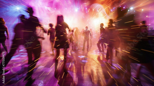 Silhouettes of people dancing at a lively night party with colorful lights and a hazy, dynamic atmosphere