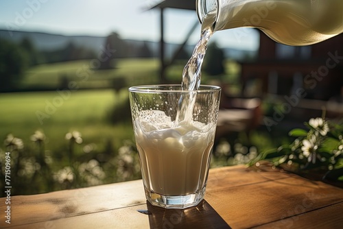 Glass of natural healthy milk, idylic pasture in background photo