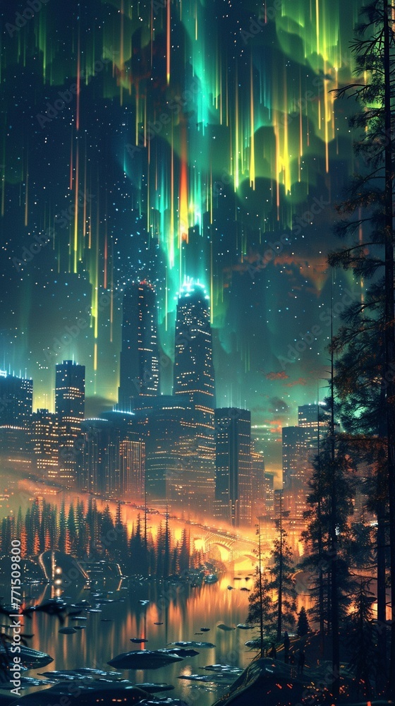 A pixelated aurora over a digital landscape, depicting the new perspective in tech