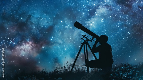 A hobbyist stargazer observes the heavens through a telescope. photo