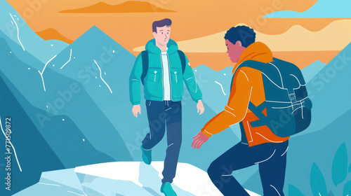 Two men trekking up a steep snowy incline in the wintery mountains