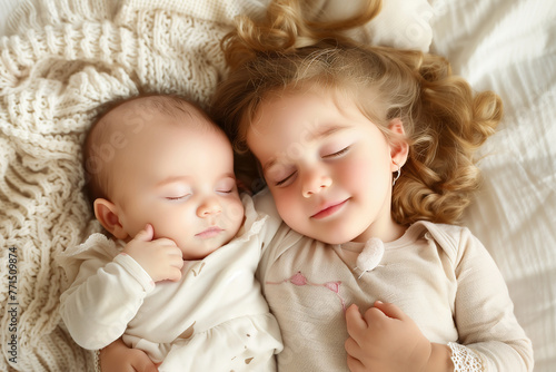 Cute little toddler and little sister sleeping together on bed at home, top view