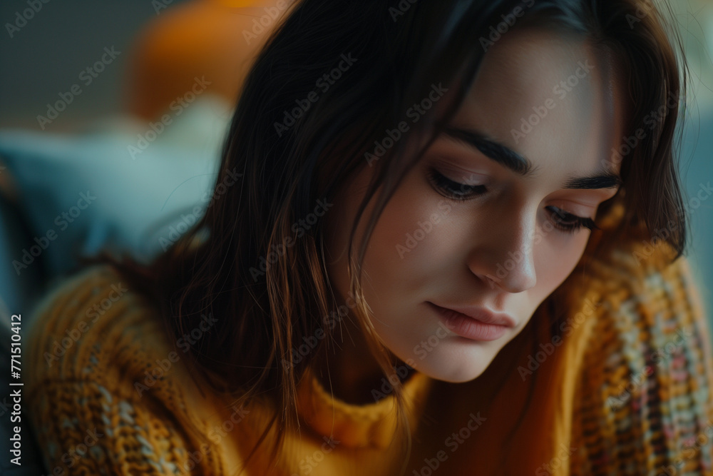 young woman wearing knit sweater looking down, sad and lonely after fight or problems young woman wearing knit sweater looking down, sad and lonely after fight or problems