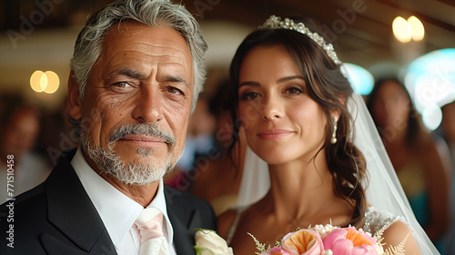 Elegant bride with her father smiling at the camera on her wedding day, with guests in the background. photo