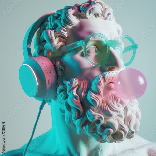 A modern twist on classical art, featuring a colorful statue wearing headphones and blowing a bubblegum