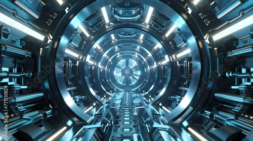 An intricate  computer-generated image of a futuristic tunnel illuminated by a glowing blue light  reflecting advanced technology and modern design