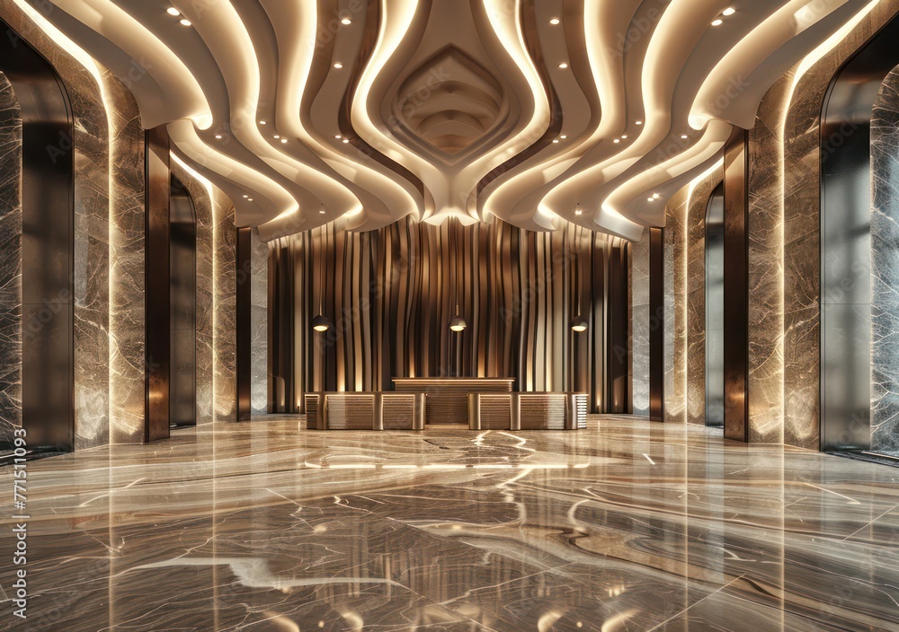 An opulent and modern hotel lobby interior featuring polished marble ...