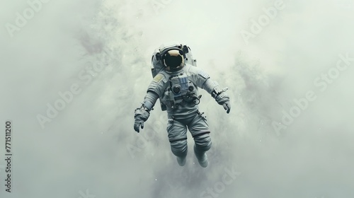 A lone astronaut floats through the vastness of space in an image with a white background. This is a popular design for science fiction comic book covers.