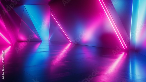 Neon lights illuminate a sleek futuristic corridor with reflective surfaces and geometric design.