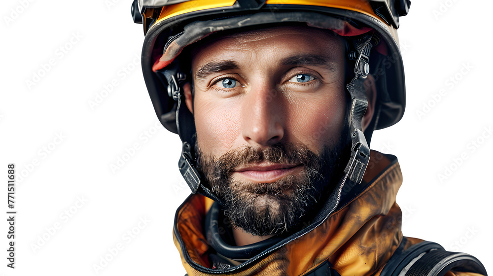 A brave firefighter with a smile on his face isolated on a transparent background, PNG, Ai A brave firefighter with a smile on his face isolated on a transparent background, PNG, Ai