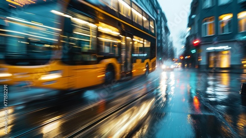 A city bus in dynamic motion blur on a rain-soaked street at dusk, evoking a sense of urban speed and weather challenges.
