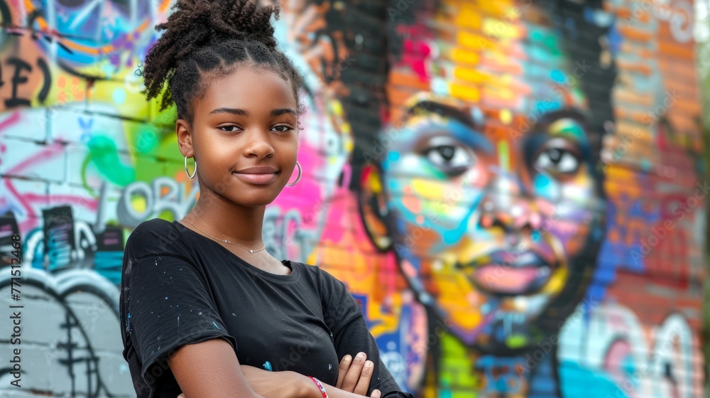 Obraz premium Woman Standing in Front of Graffiti Wall