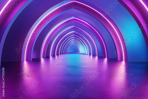 An underground tunnel brightly lit by neon purple lights running along the walls, creating a vibrant and futuristic atmosphere.